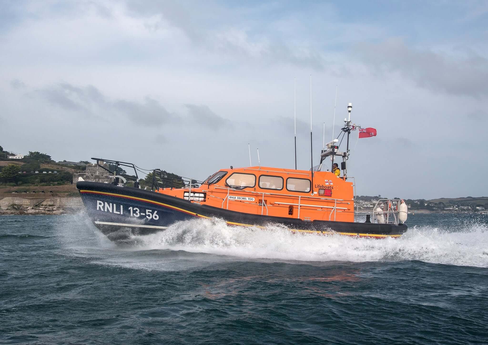 RNLI Shannon class lifeboat Decibel Too at speed off Falmouth