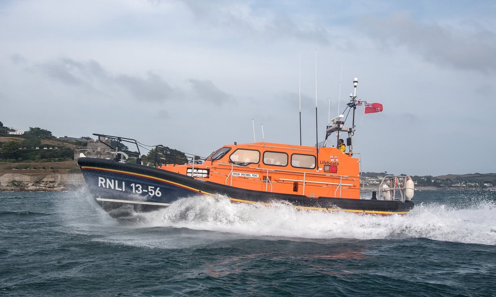 RNLI Shannon class lifeboat Decibel Too at speed off Falmouth