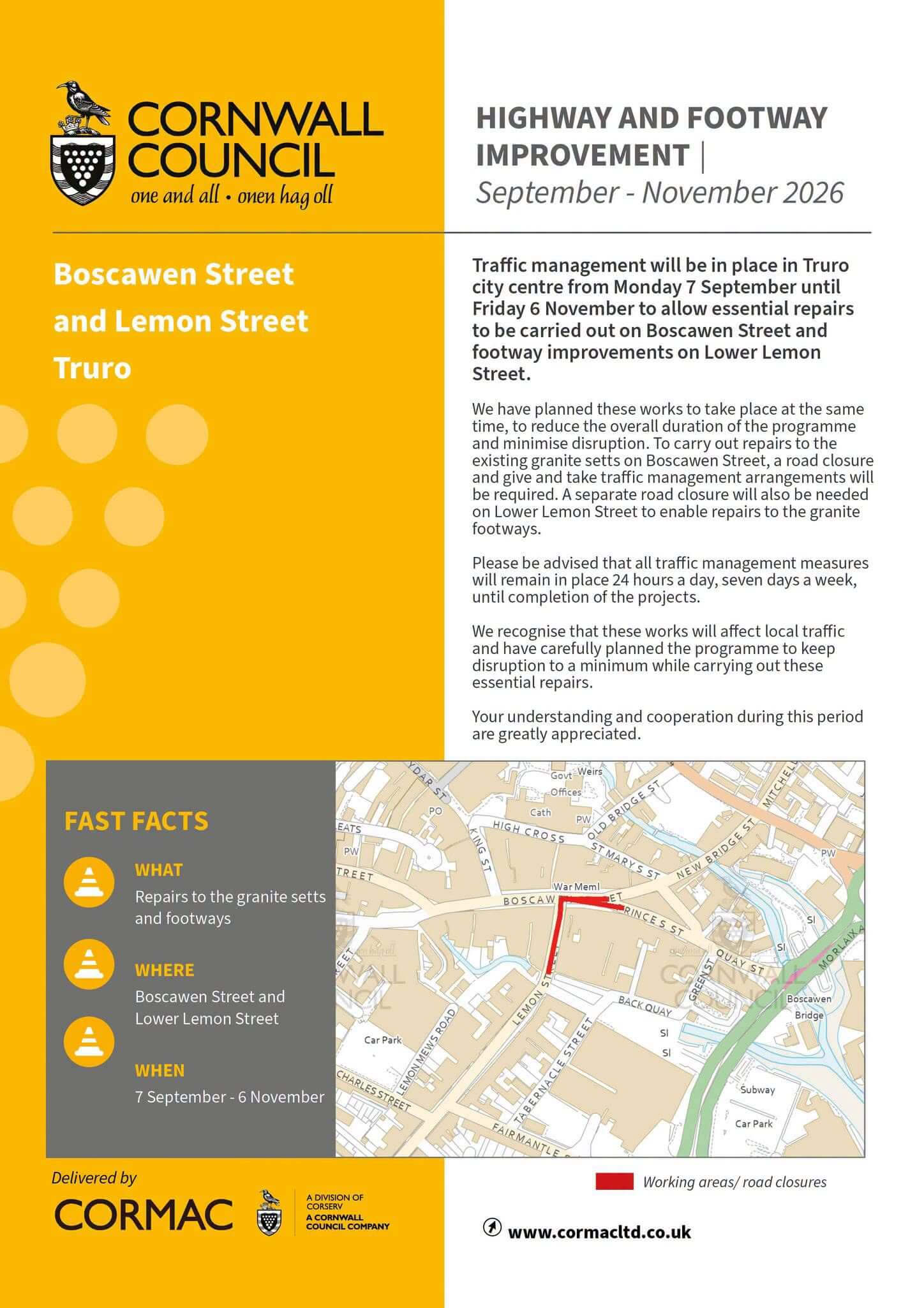 Cornwall Council fast facts sheet for the Truro highway and footway improvement works