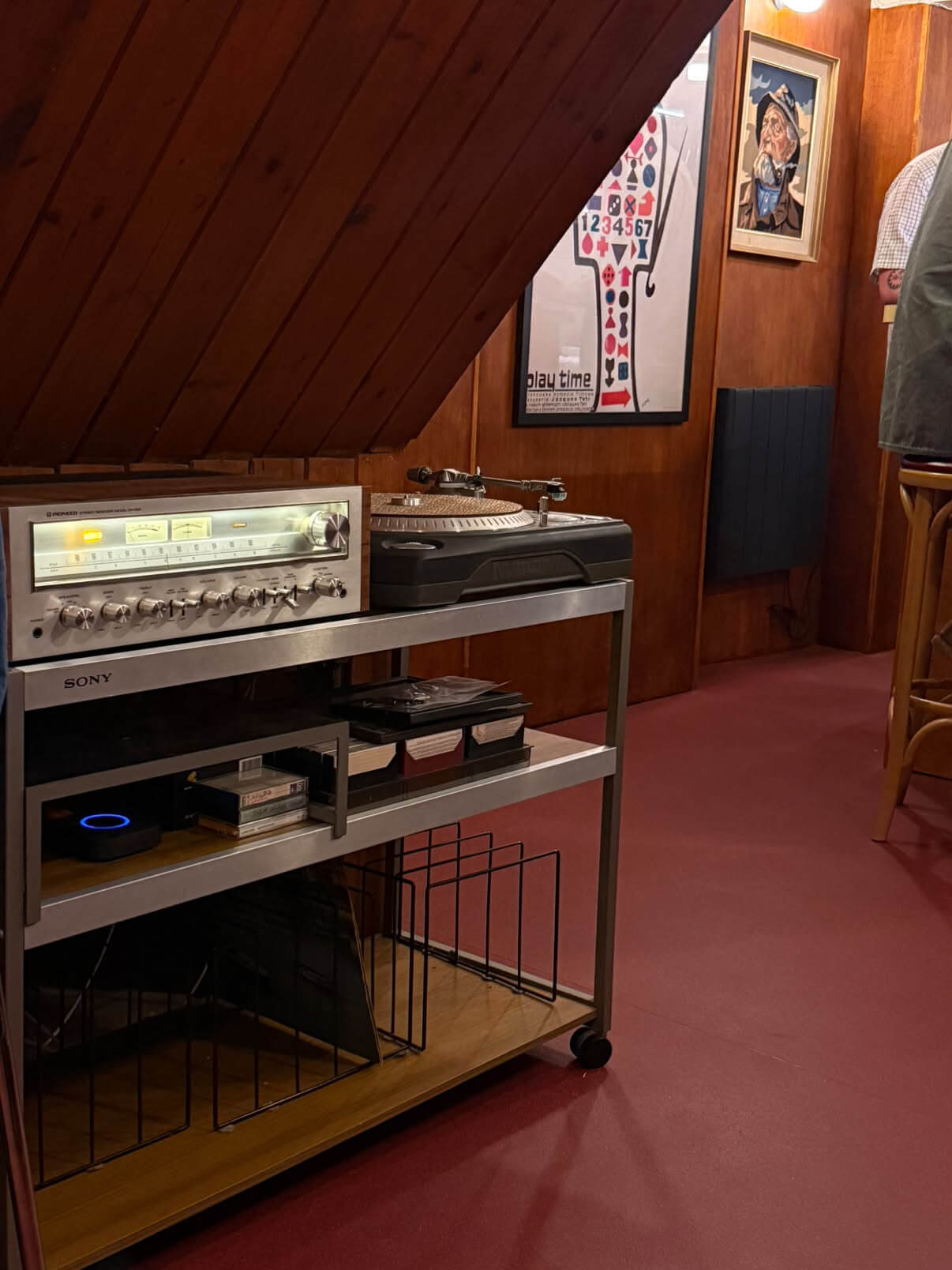 The record player behind the bar at Favorita in Newlyn