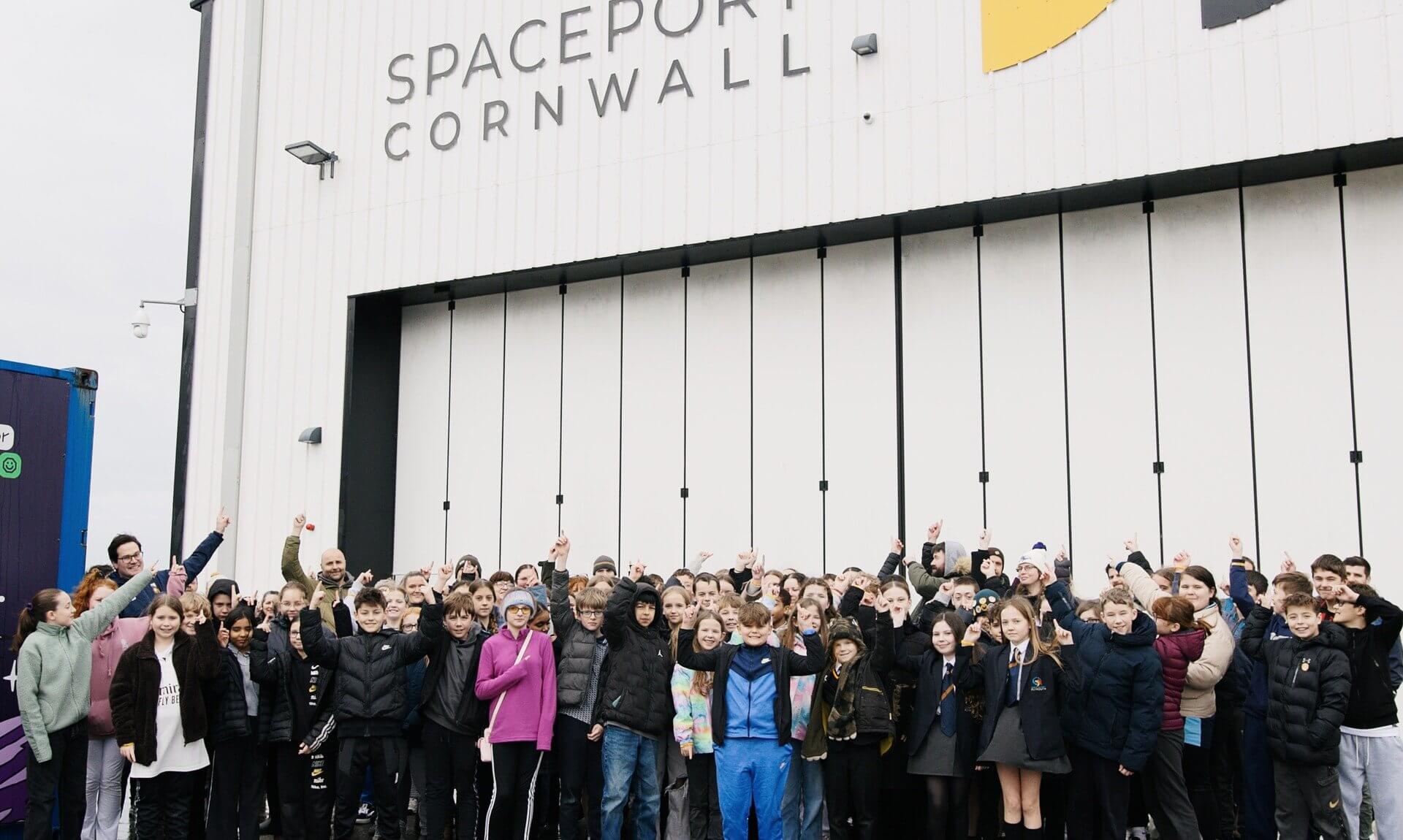 Year 7 students from the Your Future Story programme outside the Spaceport Cornwall hangar