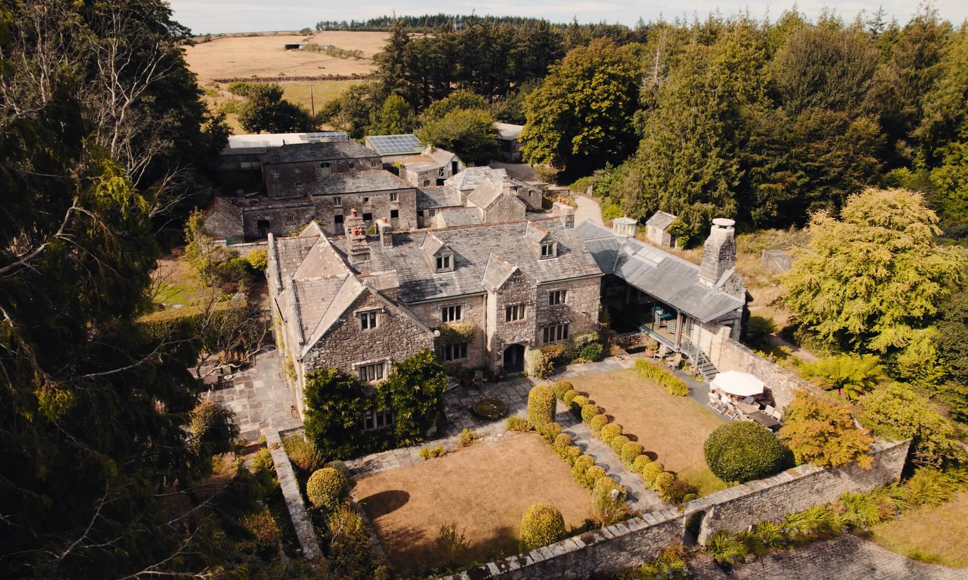 Aerial view of Hamatethy house and walled garden on the edge of Bodmin Moor