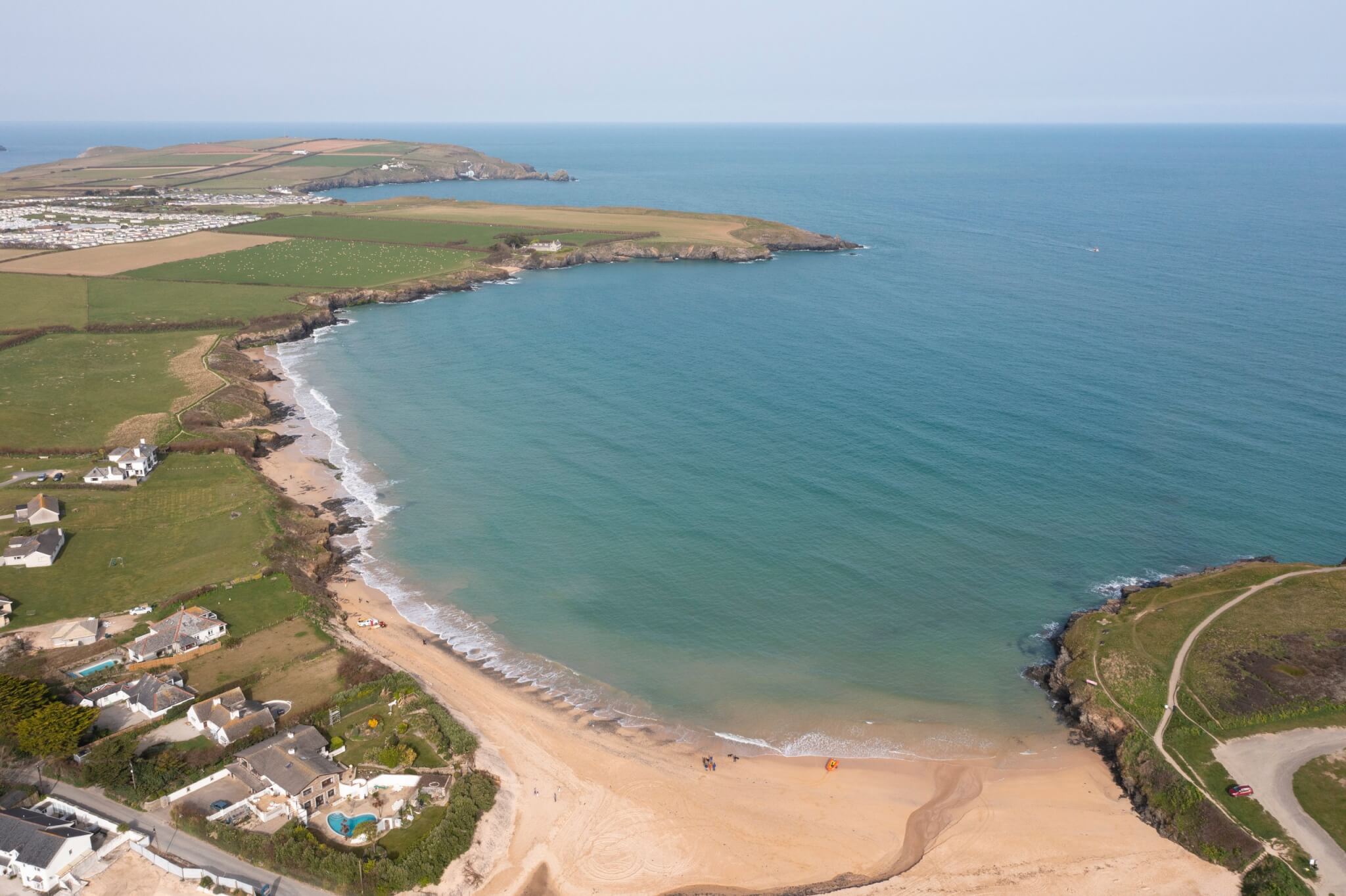 Aerial view of Harlyn Bay beach in North Cornwall