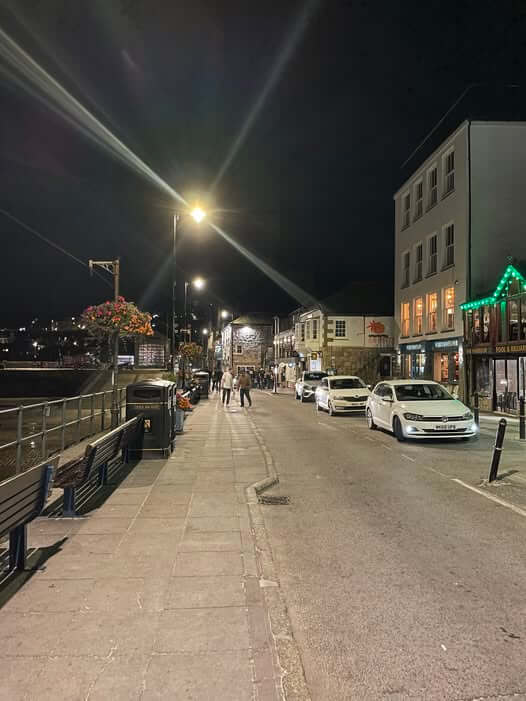 St Ives seafront at night during a police patrol