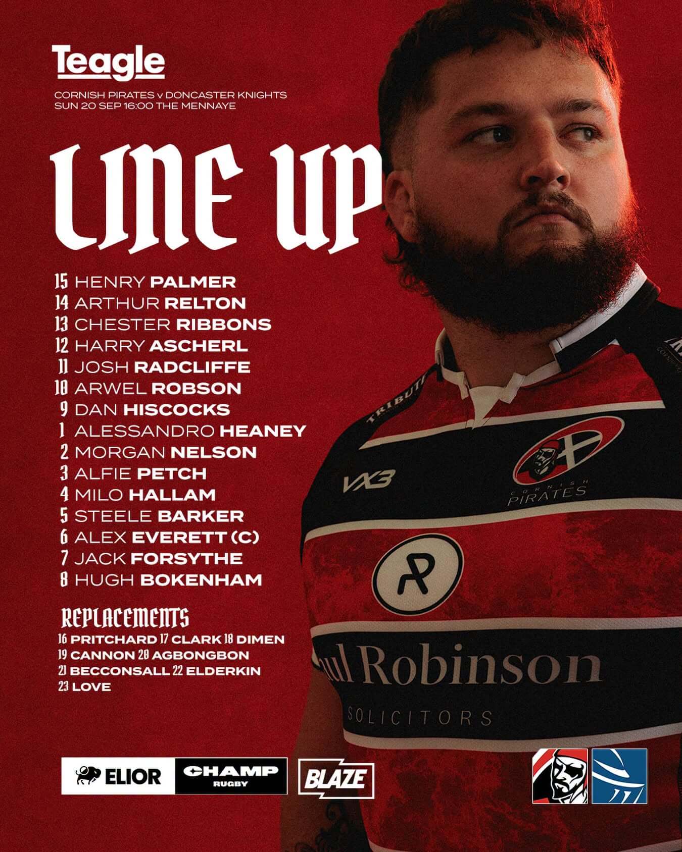 Cornish Pirates line-up graphic for the Doncaster Knights match