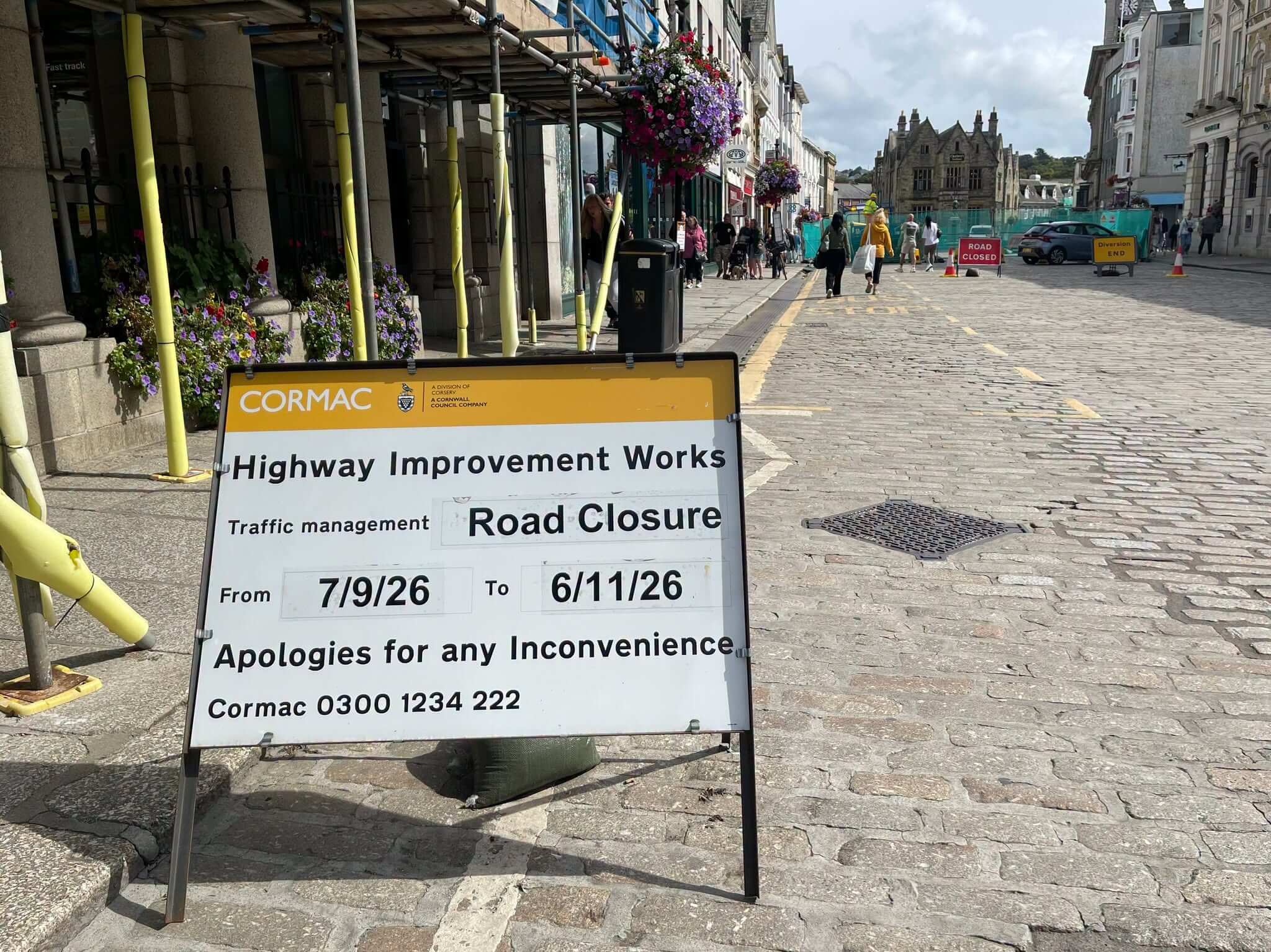 Cormac road closure sign on Boscawen Street in Truro