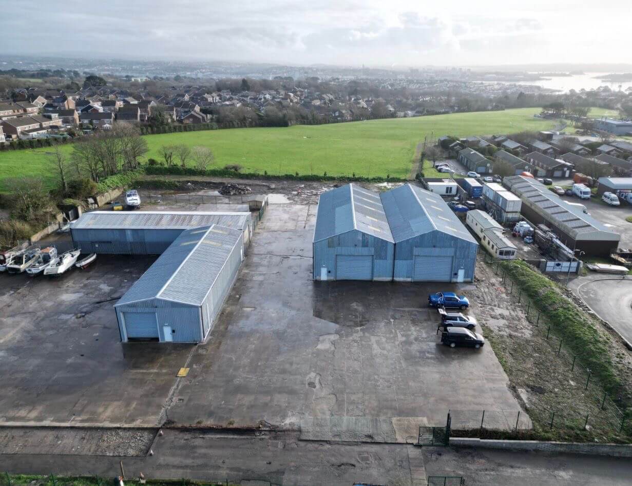 Aerial view of the transformed commercial site with warehouse units let to businesses