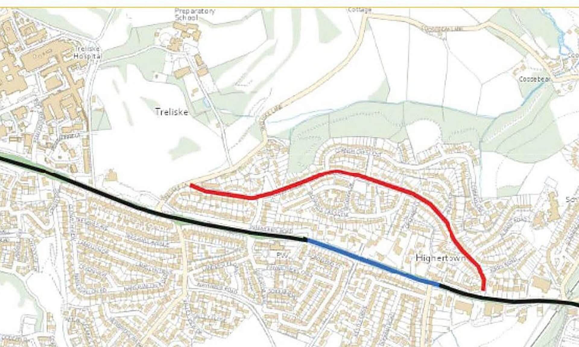 Map showing the A390 closure route through Highertown, Truro