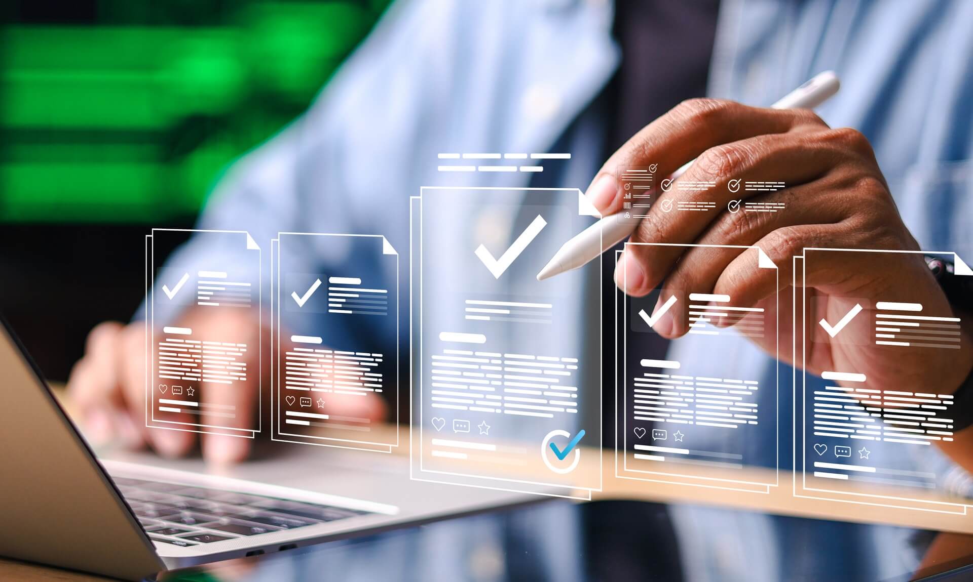 Business documents and compliance checklist overlay on a laptop screen