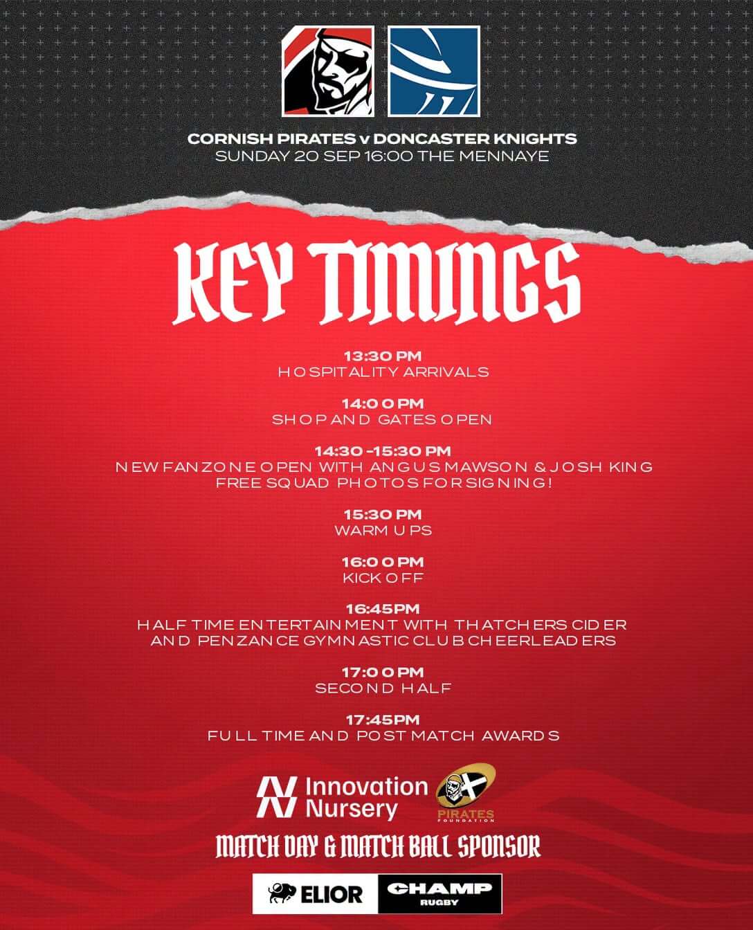 Key matchday timings for Cornish Pirates v Doncaster Knights