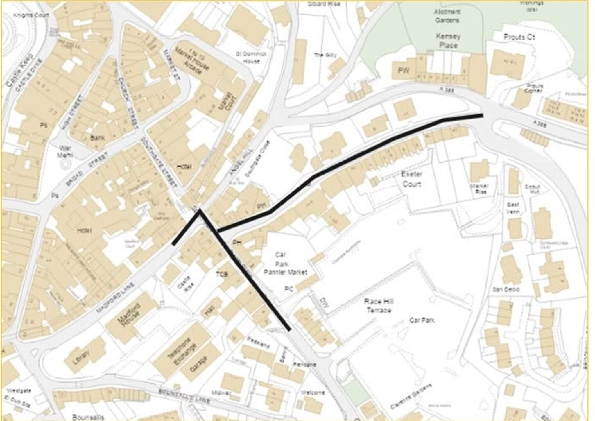 Map showing the Launceston carriageway repair closure route along Exeter Street, Southgate Street and Madford Lane