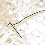 Map showing the Launceston carriageway repair closure route along Exeter Street, Southgate Street and Madford Lane