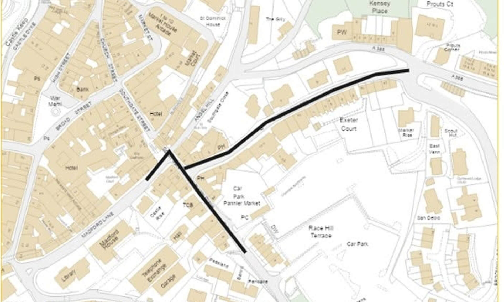 Map showing the Launceston carriageway repair closure route along Exeter Street, Southgate Street and Madford Lane