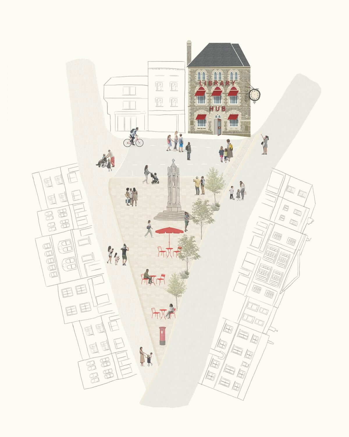 Illustration of the former Barclays Bank building on Broad Street, Launceston, marked as the new Library Hub