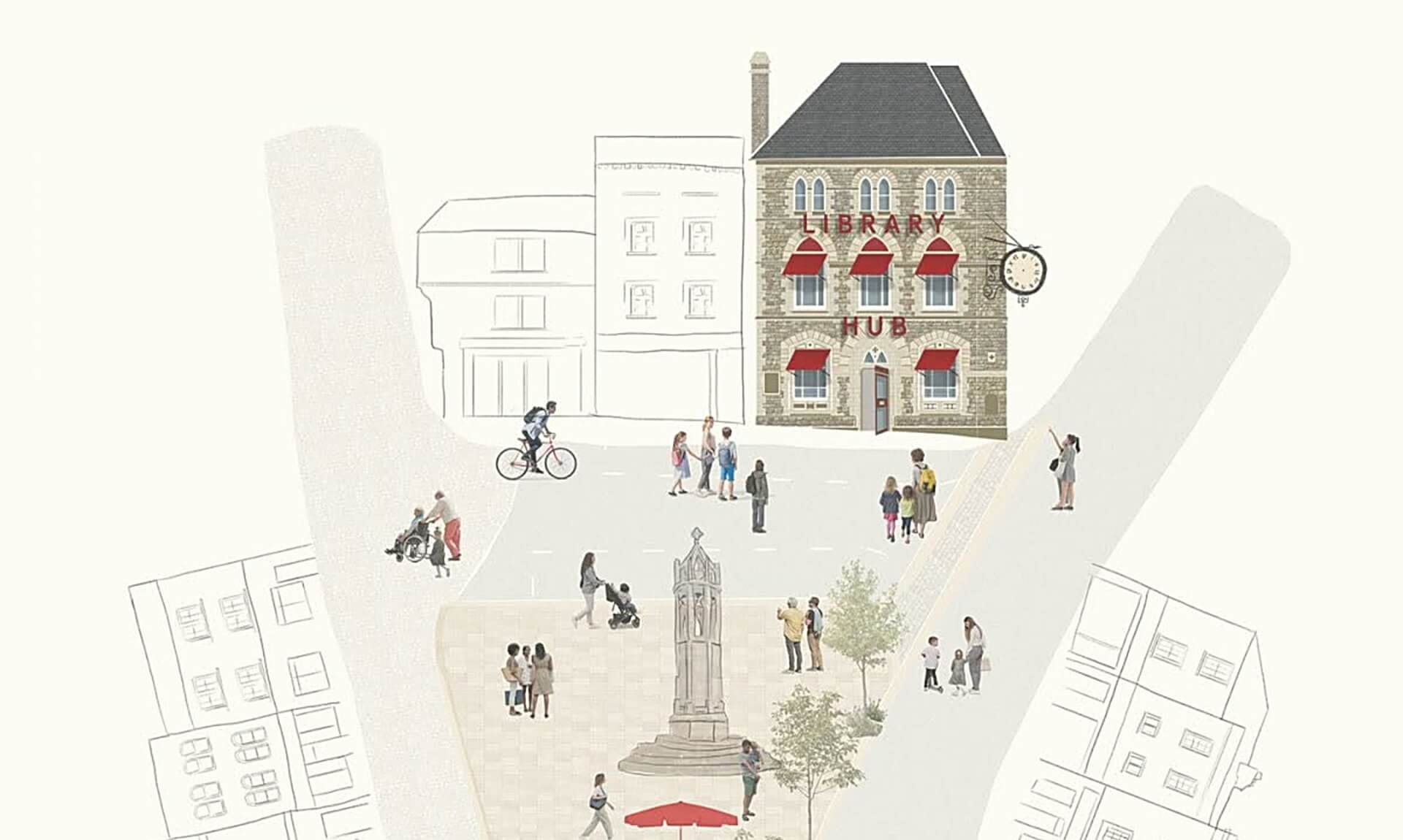 Illustration of the former Barclays Bank building on Broad Street, Launceston, marked as the new Library Hub