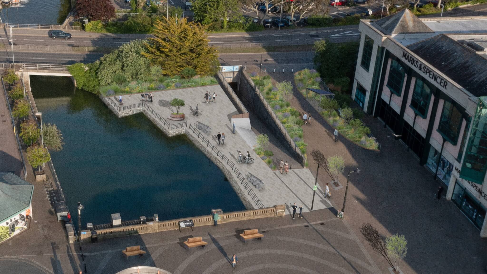 Aerial visualisation of the widened Lemon Quay subway and new planting beside Truro River