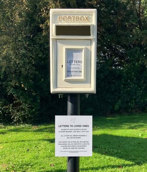 White Letters to Loved Ones post box and sign at Egloshayle Cemetery, Wadebridge