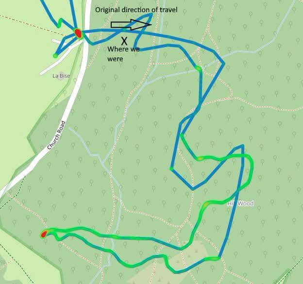 Map showing search dog Lexi's tracked route back to the point she was last seen