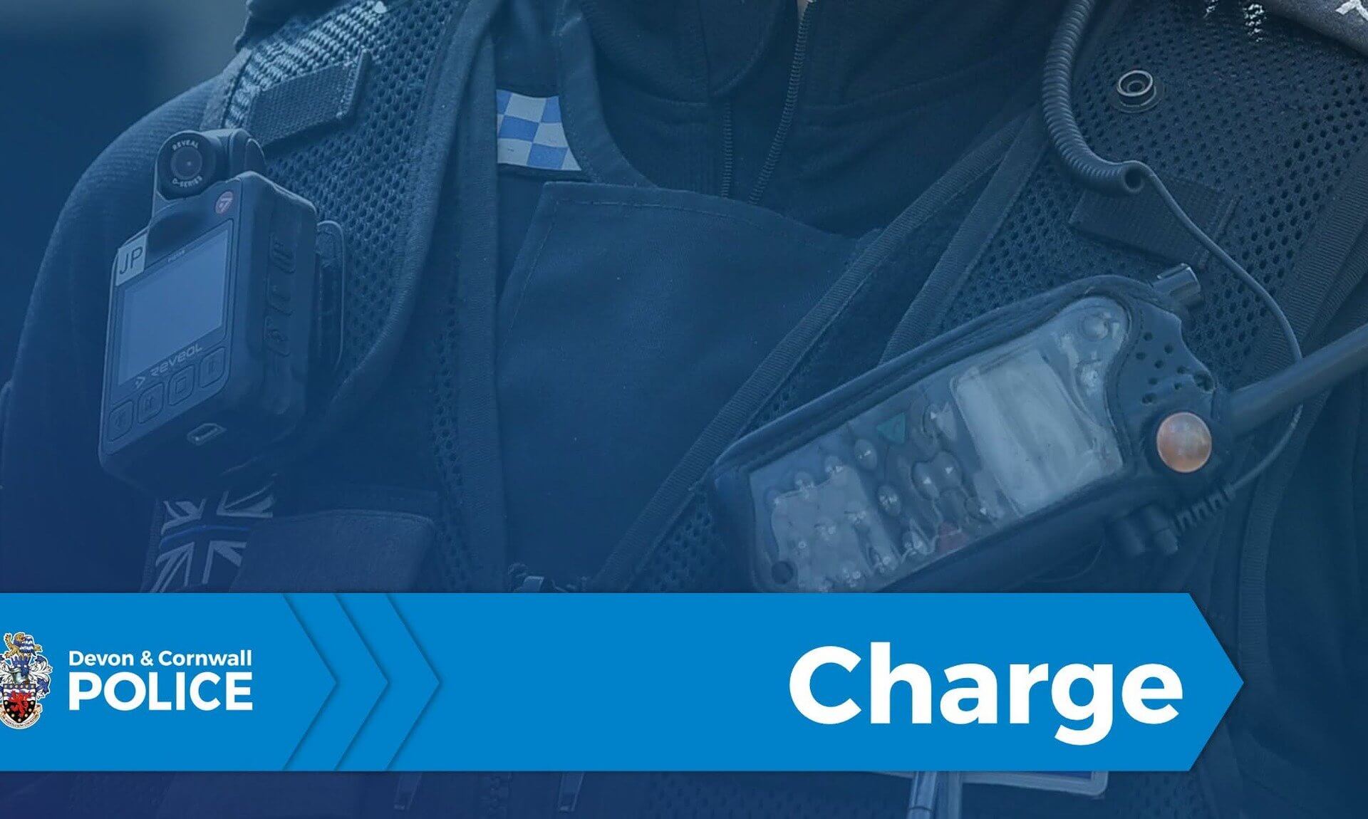 Devon and Cornwall Police charge graphic showing an officer's body-worn camera and radio