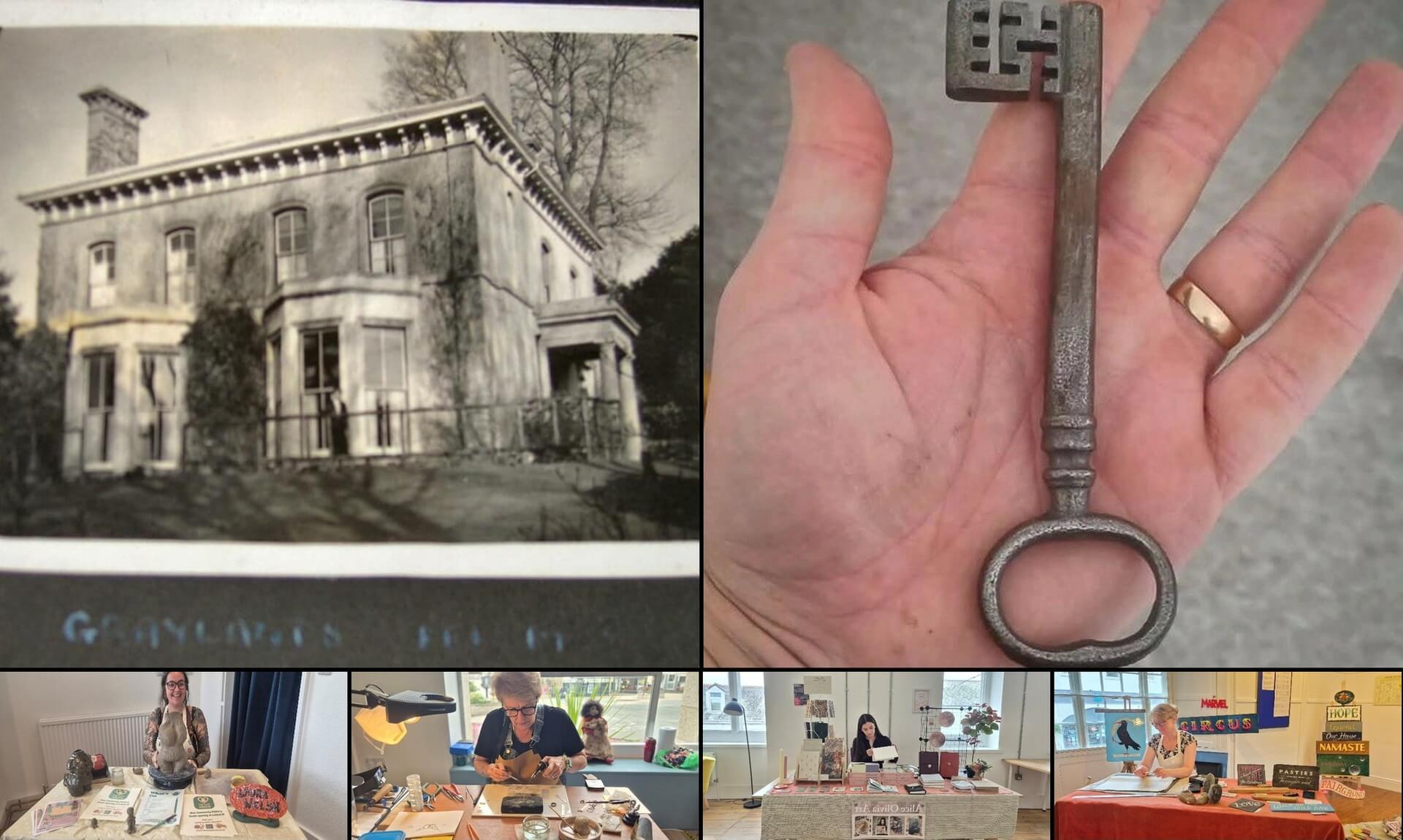 A collage of photos from Liskeard Unlocked, including Graylands and its long-lost safe key