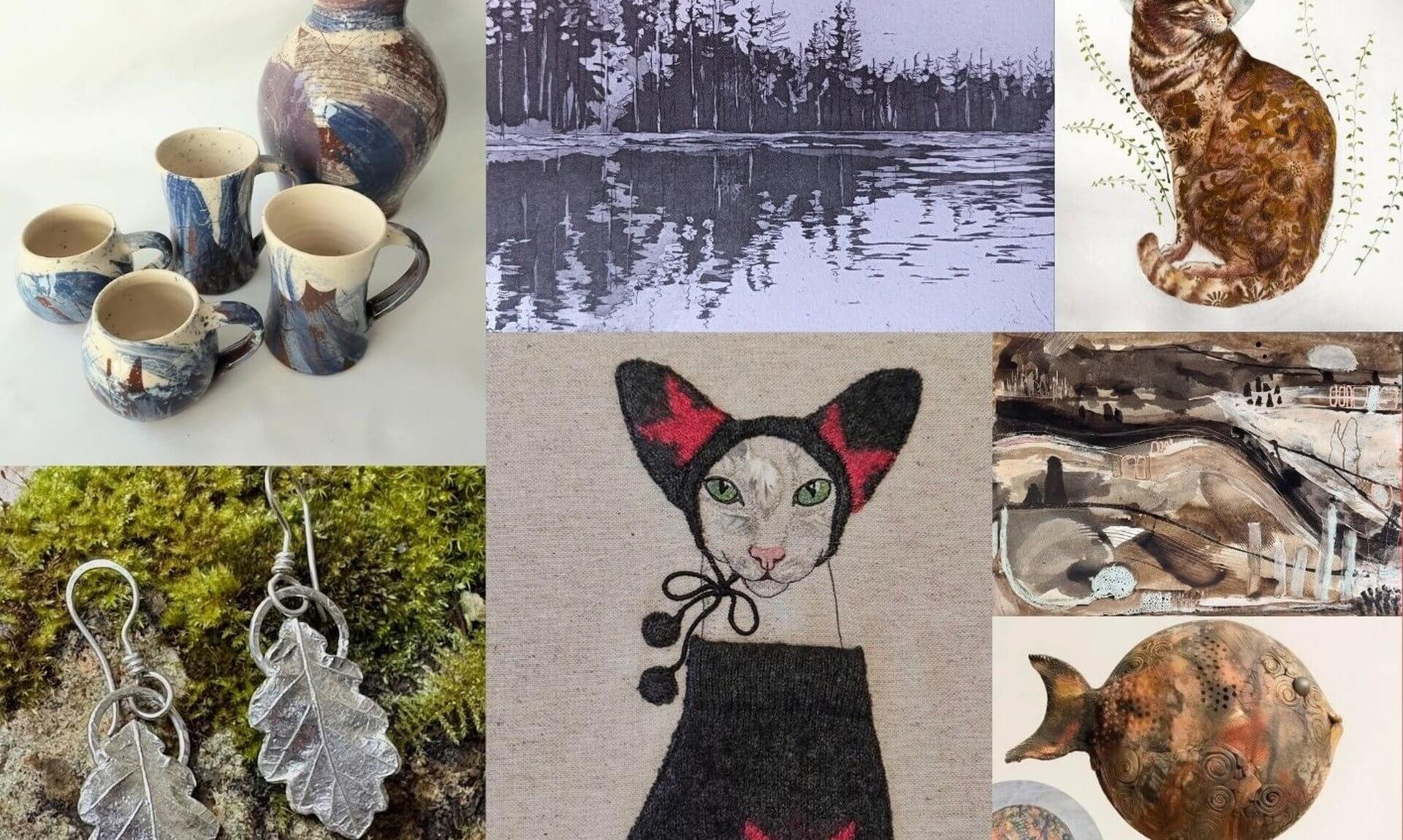 Ceramics, textiles, jewellery and paintings from the Line, Texture & Touch exhibition in Lostwithiel