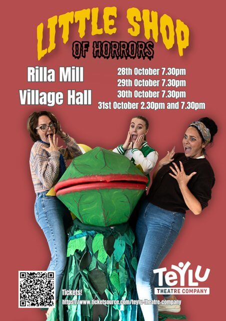 Little Shop of Horrors poster for Rilla Mill Village Hall with performance times