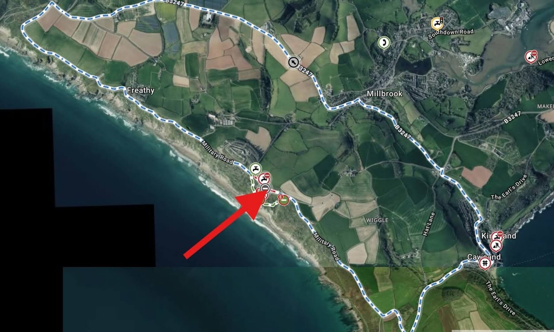 Map showing the Military Road closure and diversion route between Freathy and Rame
