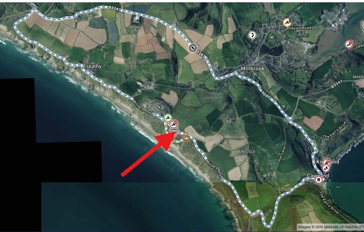 Map showing the Military Road closure and diversion route between Freathy and Rame
