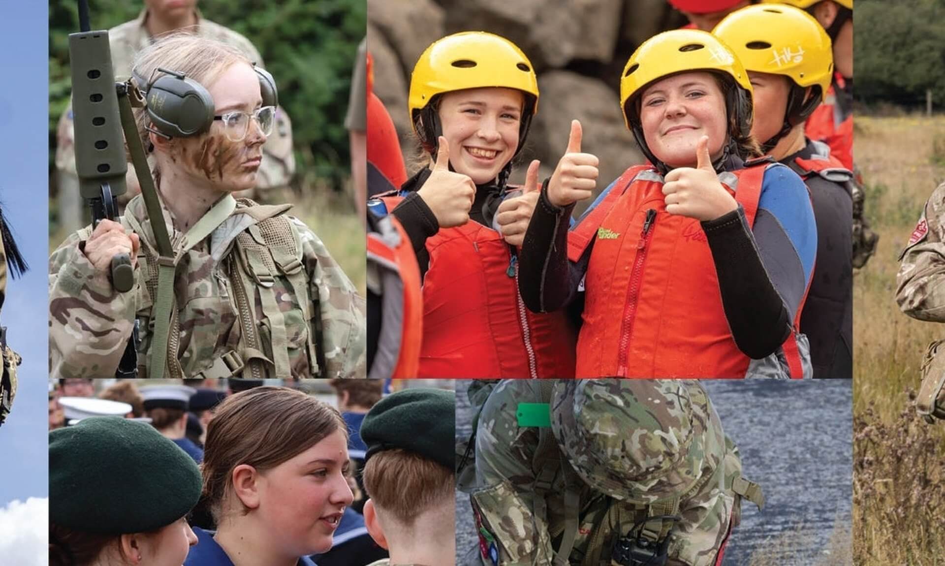 Army cadets giving a thumbs up in helmets and buoyancy aids during an outdoor activity