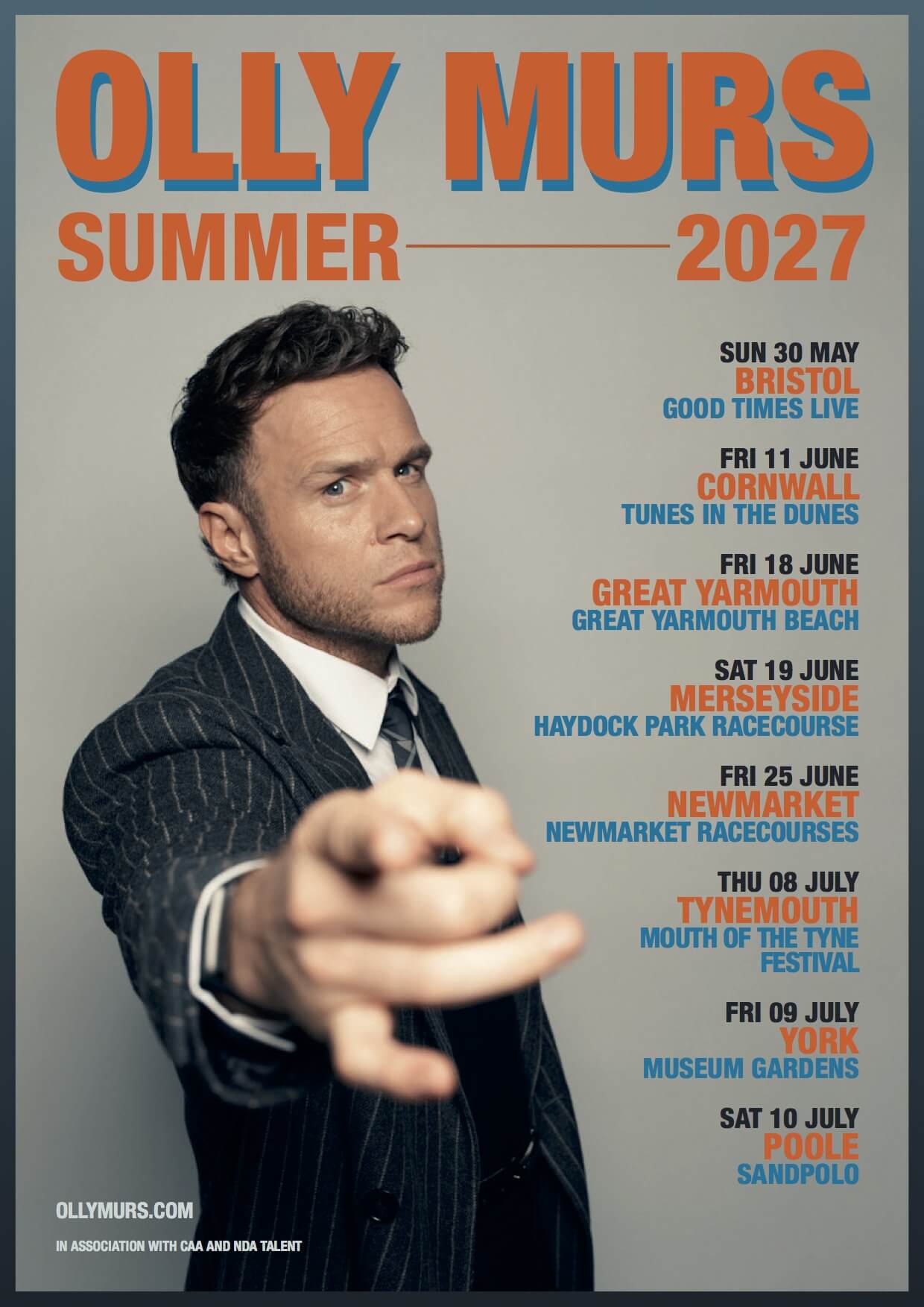 Olly Murs Summer 2027 tour poster listing eight UK outdoor dates including Tunes in the Dunes in Cornwall
