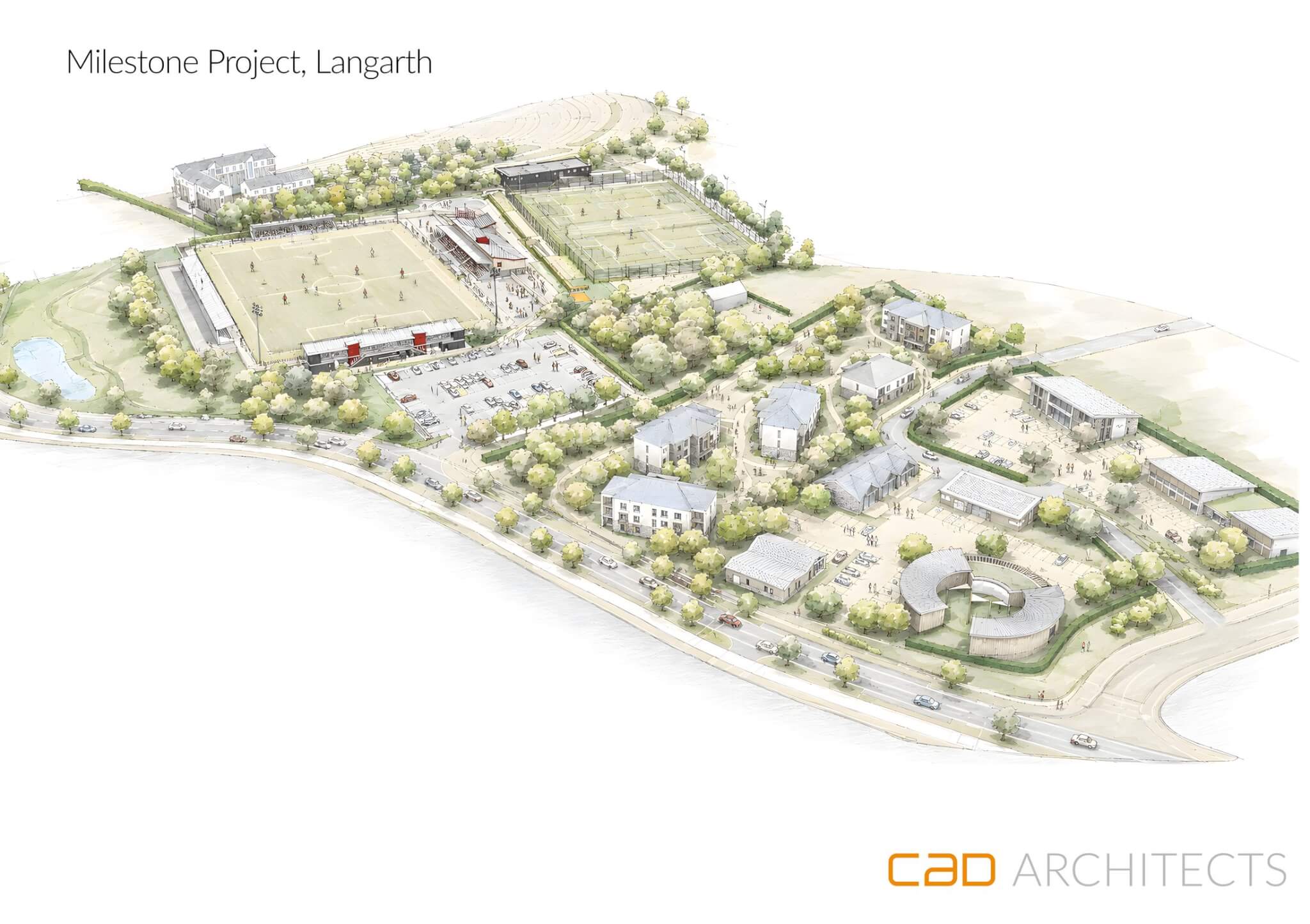 Aerial illustration of the Milestone Project masterplan around Truro City Stadium