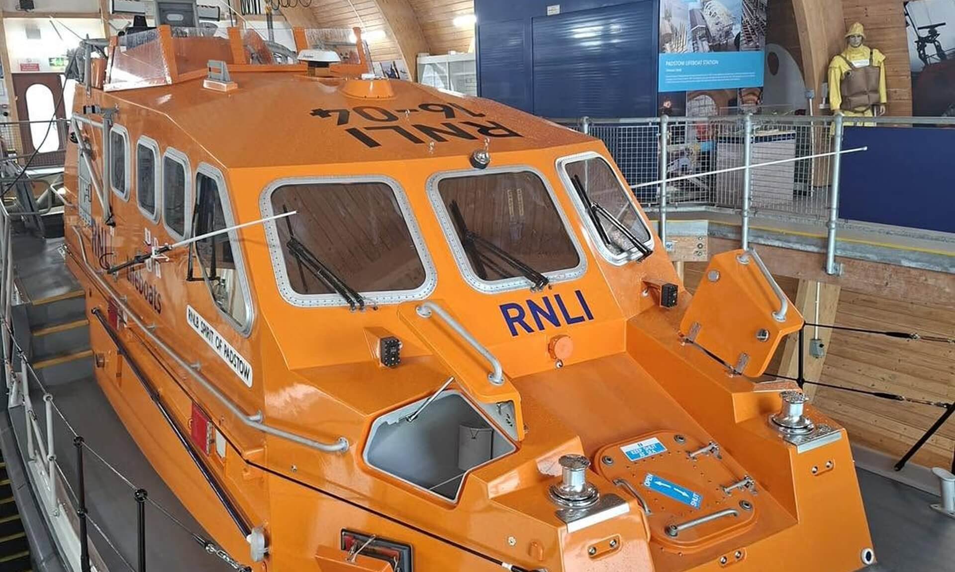 RNLB Spirit of Padstow, the Padstow RNLI Tamar-class lifeboat, inside the boathouse