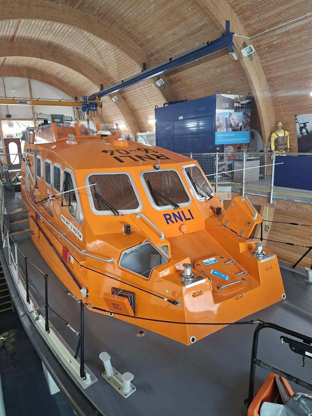 RNLB Spirit of Padstow, the Padstow RNLI Tamar-class lifeboat, inside the boathouse