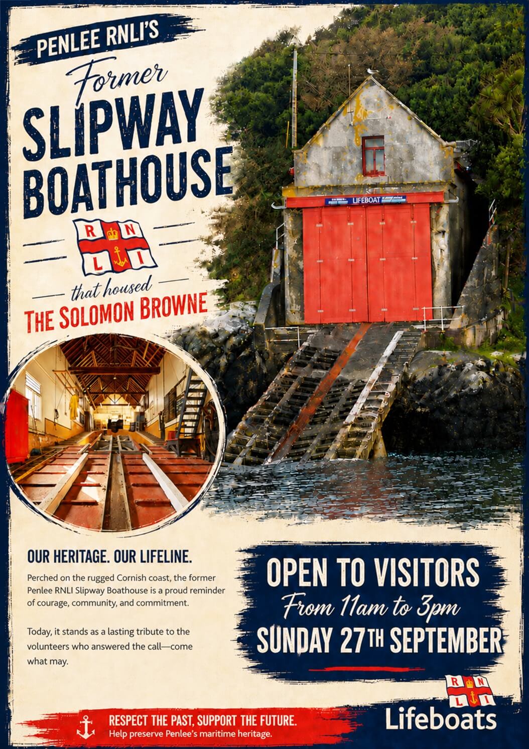 Penlee RNLI open day poster for the former slipway boathouse that housed the Solomon Browne