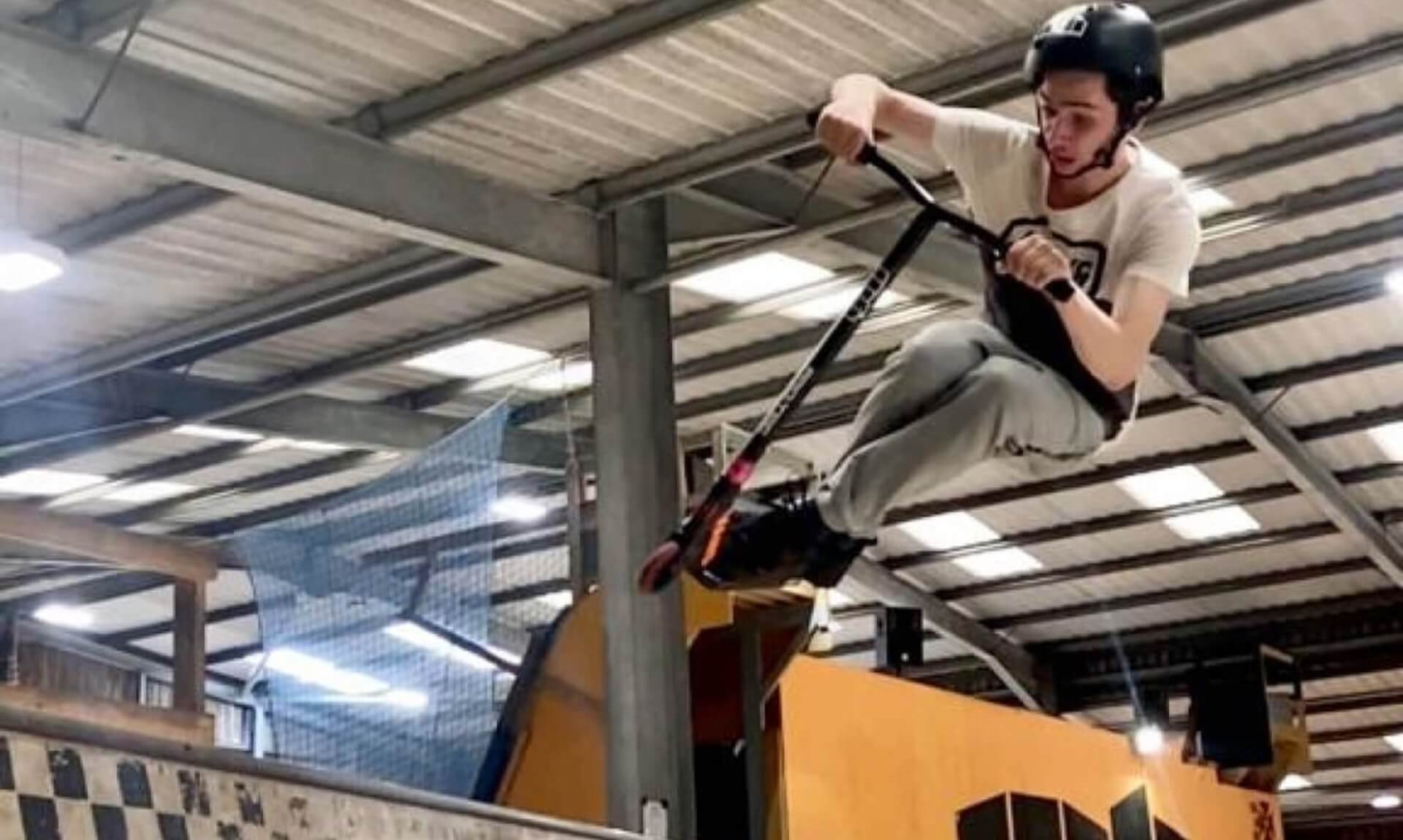 A skate park rider mid-air at Mount Hawke Youth and Community Group in Cornwall