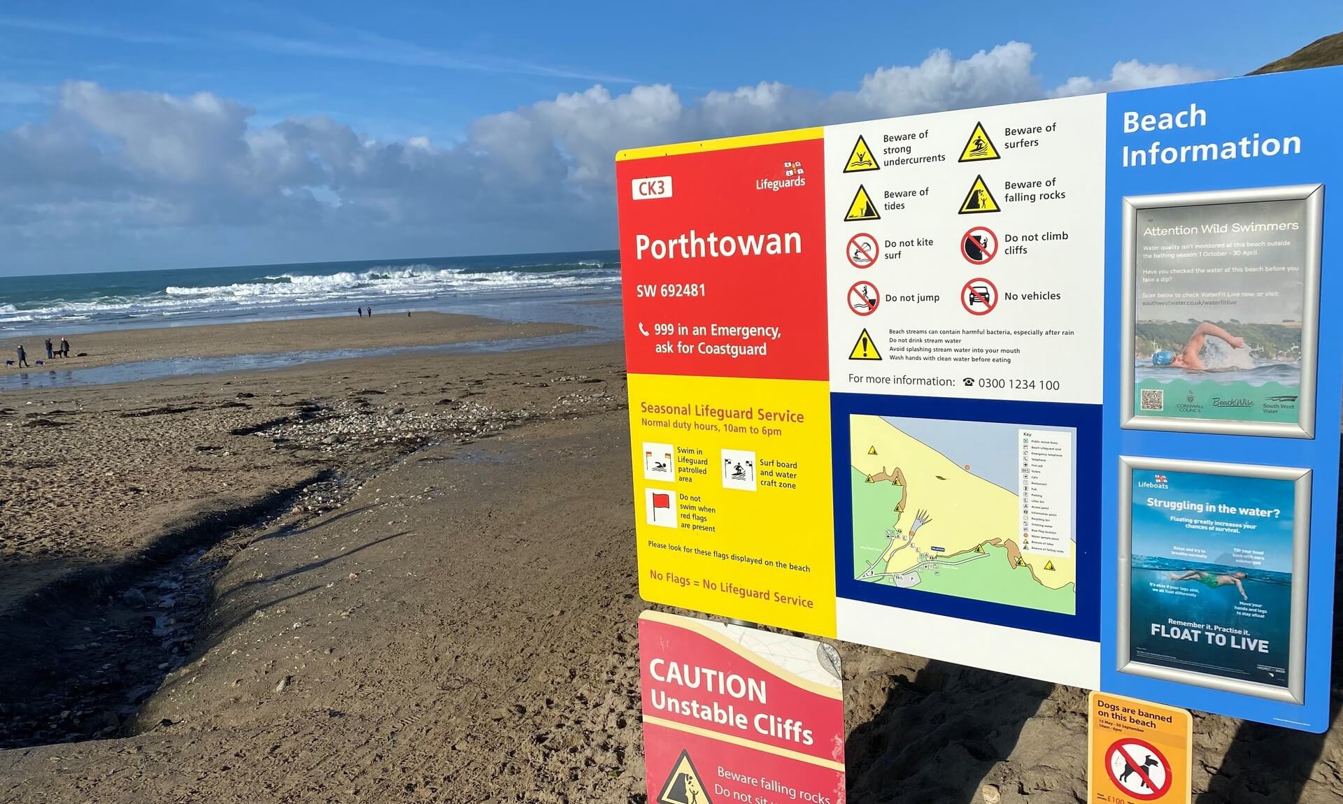 Porthtowan beach information sign next to Beach Road car park