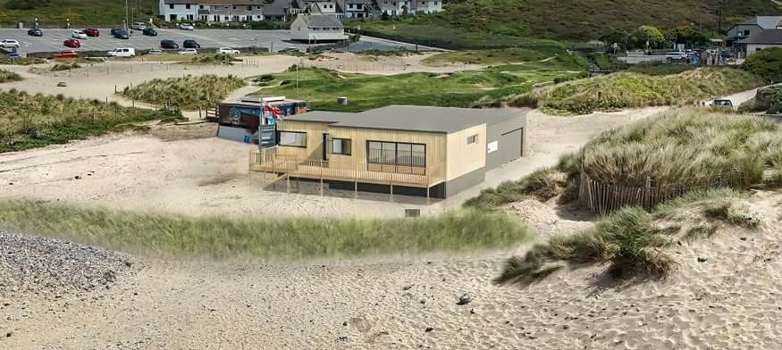 CGI render of Porthtowan Surf Life Saving Club's new beach building seen from the dunes