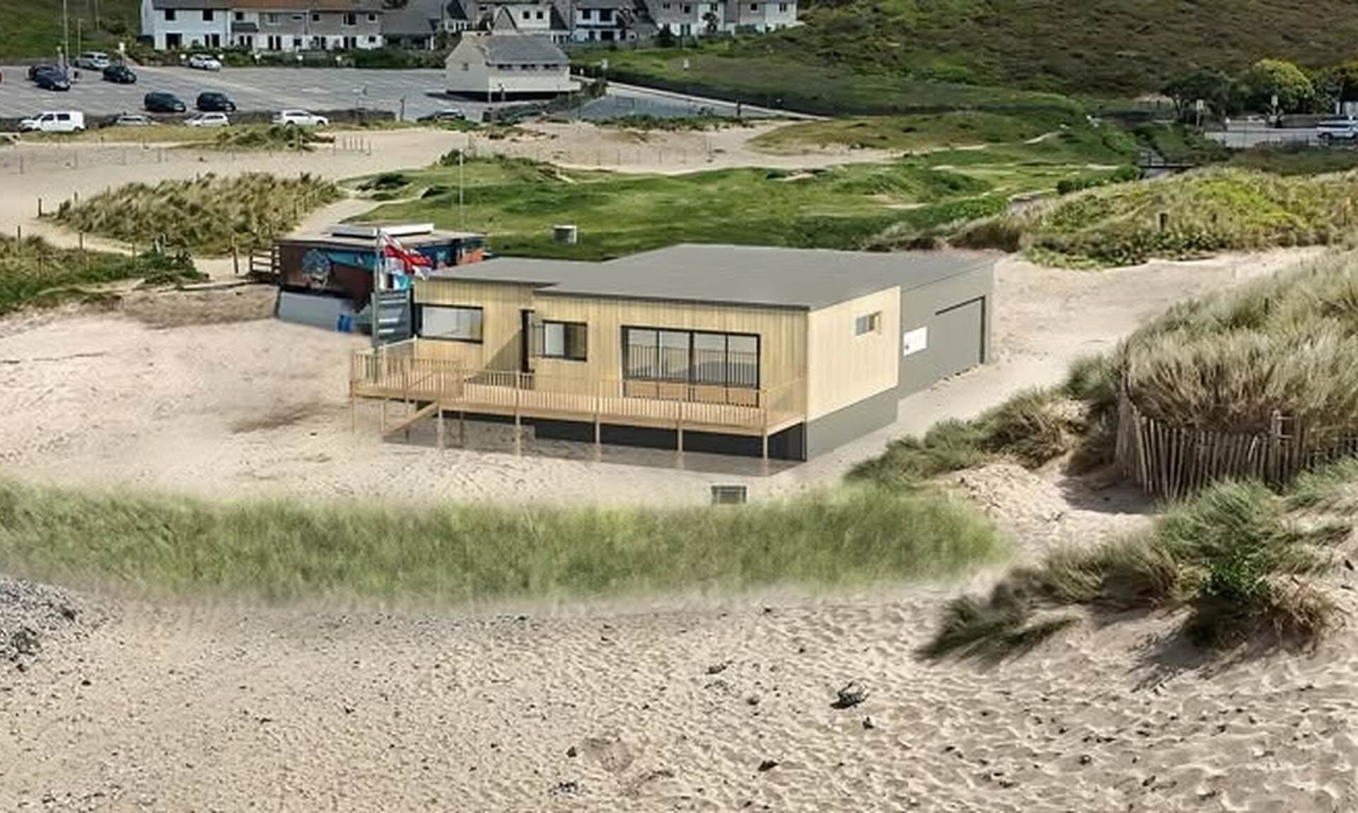 CGI render of Porthtowan Surf Life Saving Club's new beach building seen from the dunes