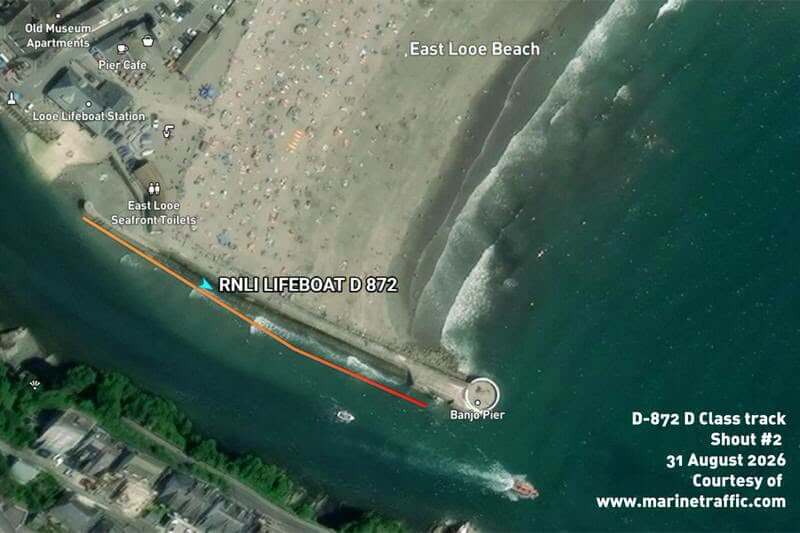 Marine traffic map showing the D Class lifeboat's track out towards Hannafore