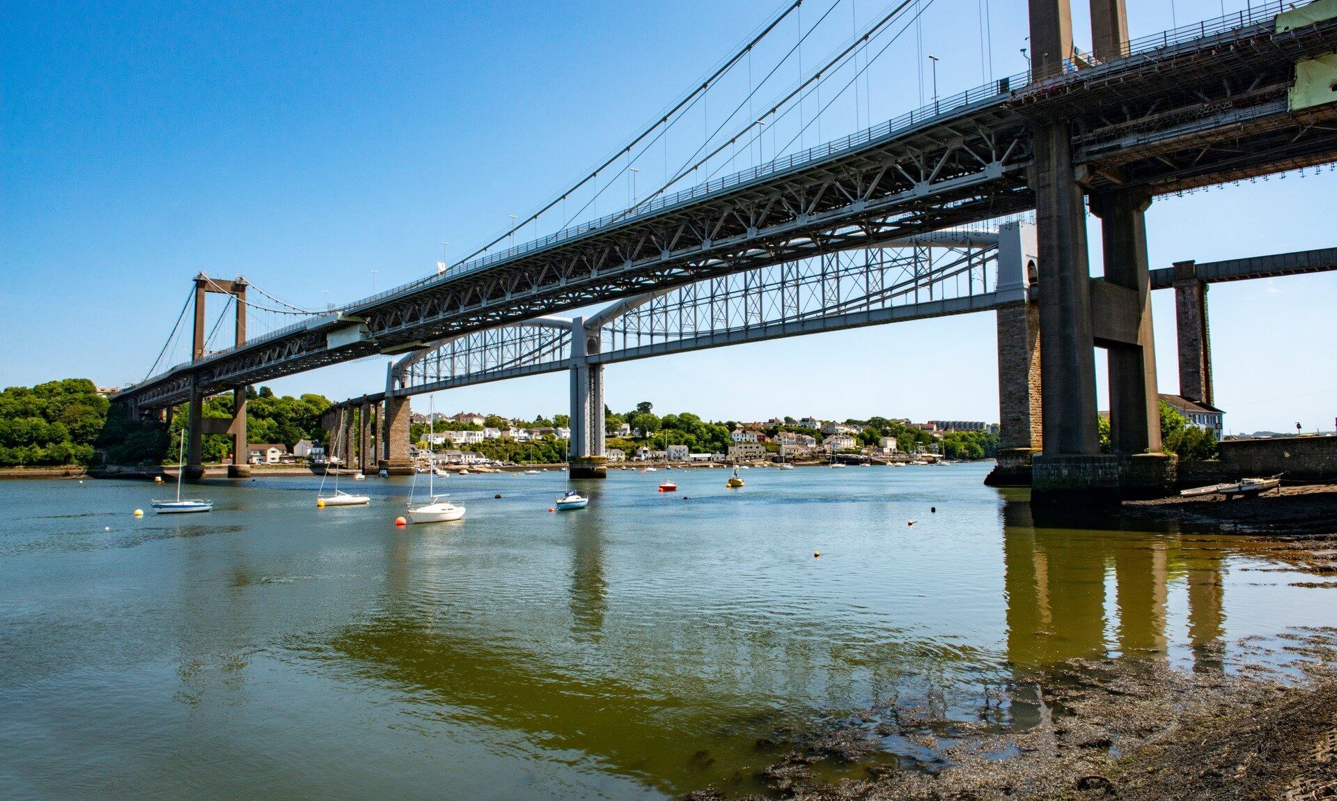 The Tamar Bridge and Royal Albert Bridge crossing the River Tamar to Saltash