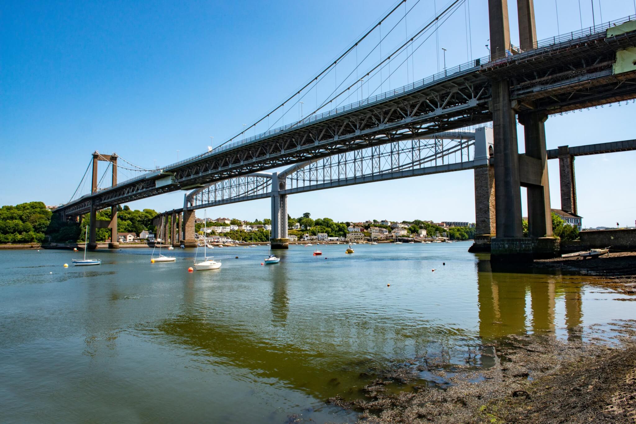 The Tamar Bridge and Royal Albert Bridge crossing the River Tamar to Saltash