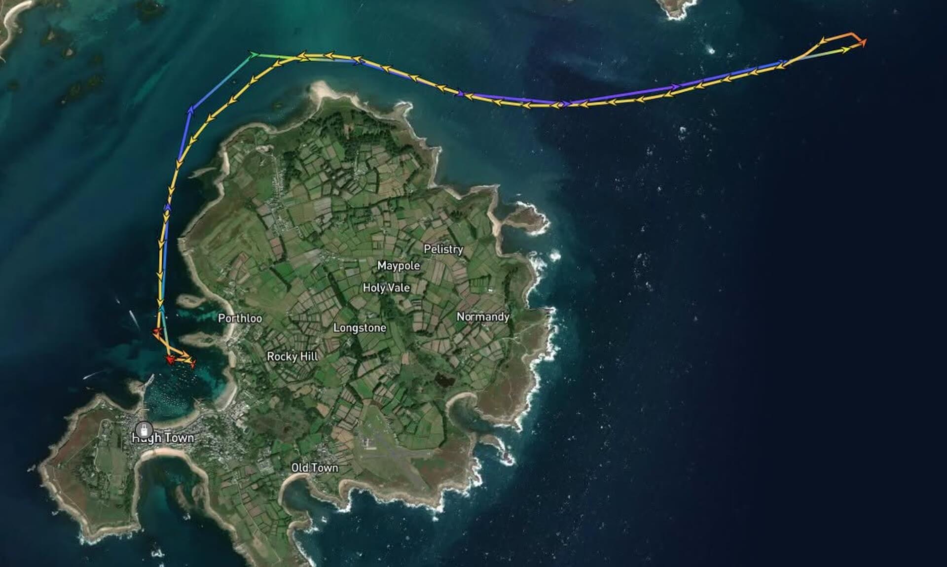 AIS track map of St Mary's RNLI lifeboat towing a yacht back from Menawethan to St Mary's Harbour