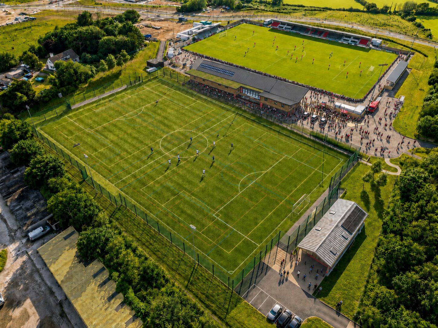 Aerial view of Truro City Stadium and the 3G pitch on matchday