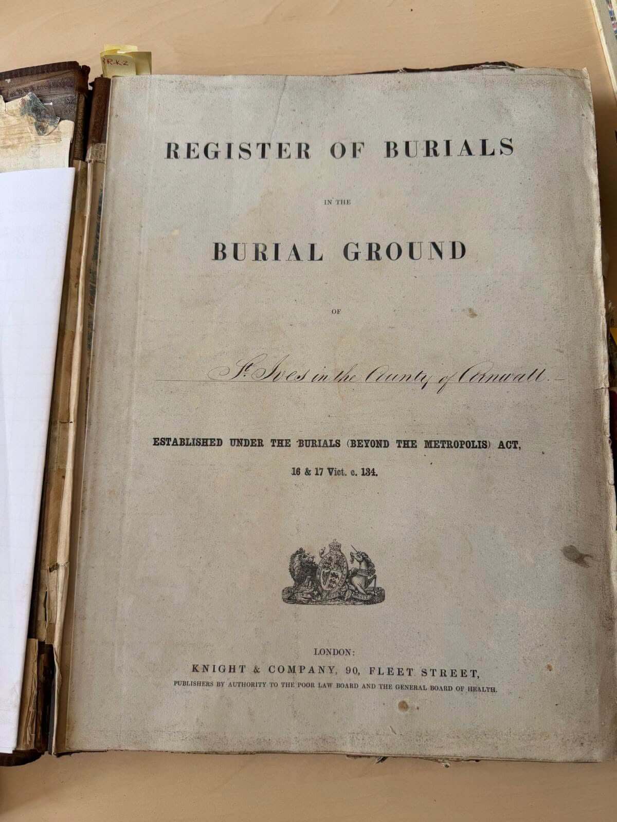 The historic Register of Burials for St Ives, Cornwall