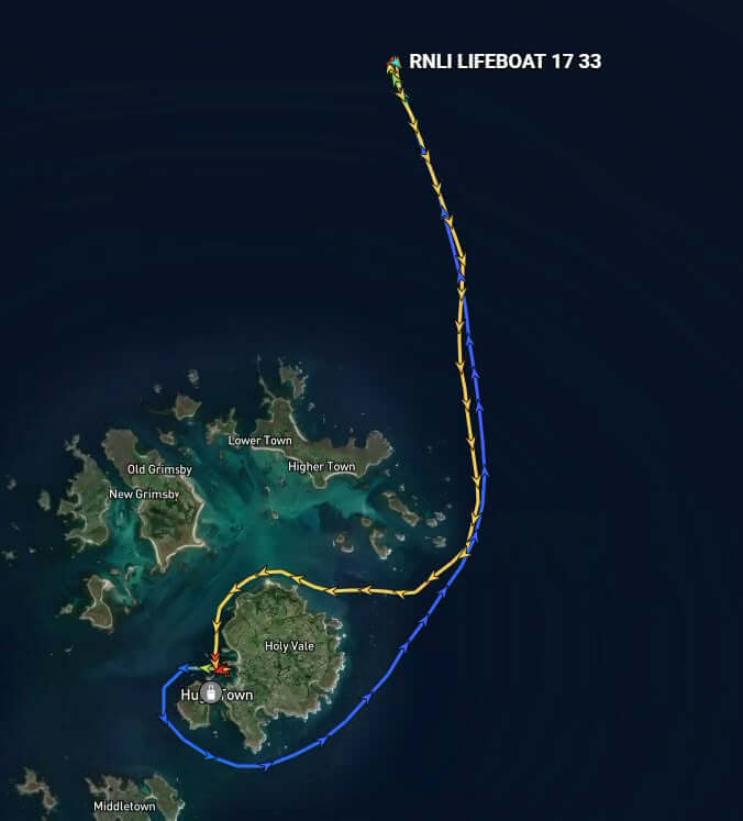 Track of the St Mary's lifeboat out to the yacht and back to Hugh Town harbour