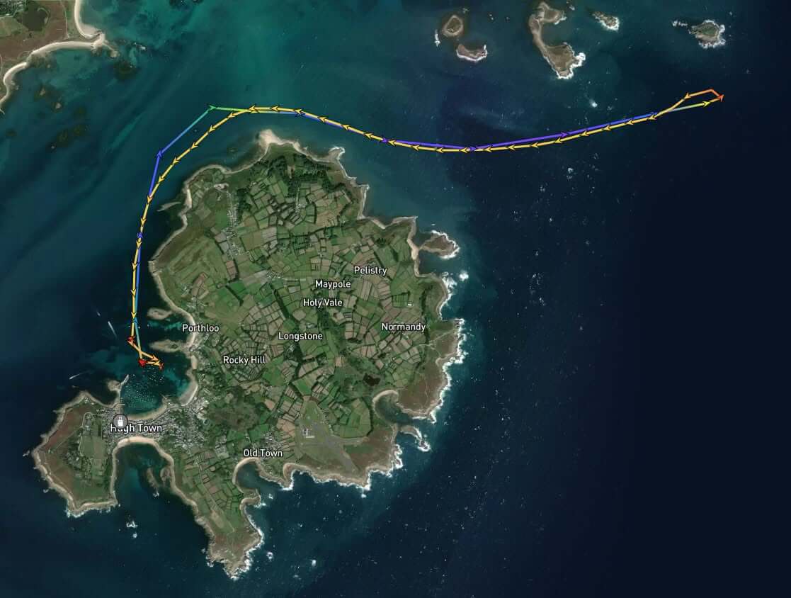 AIS track map of St Mary's RNLI lifeboat towing a yacht back from Menawethan to St Mary's Harbour