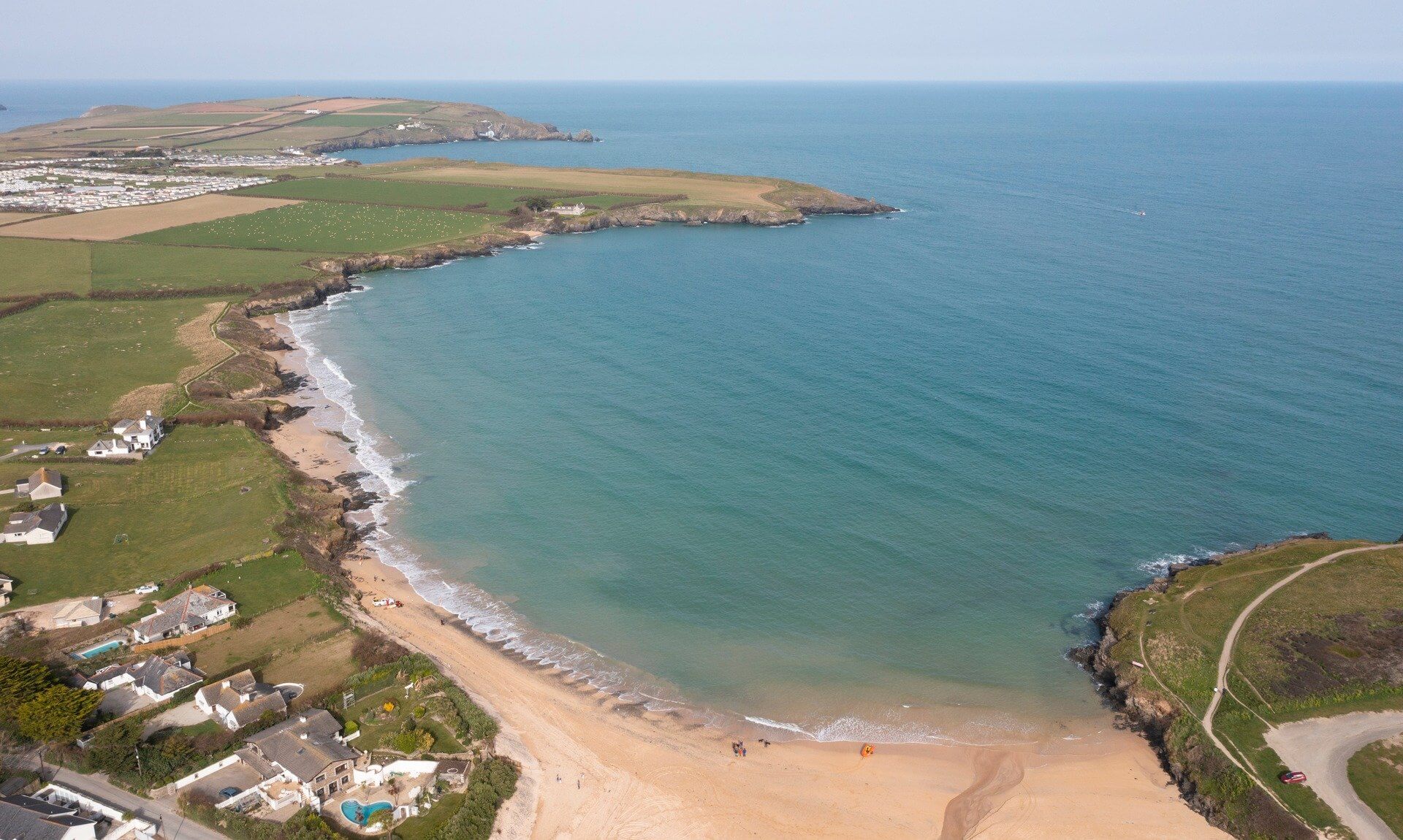 Aerial view of Harlyn Bay beach in North Cornwall