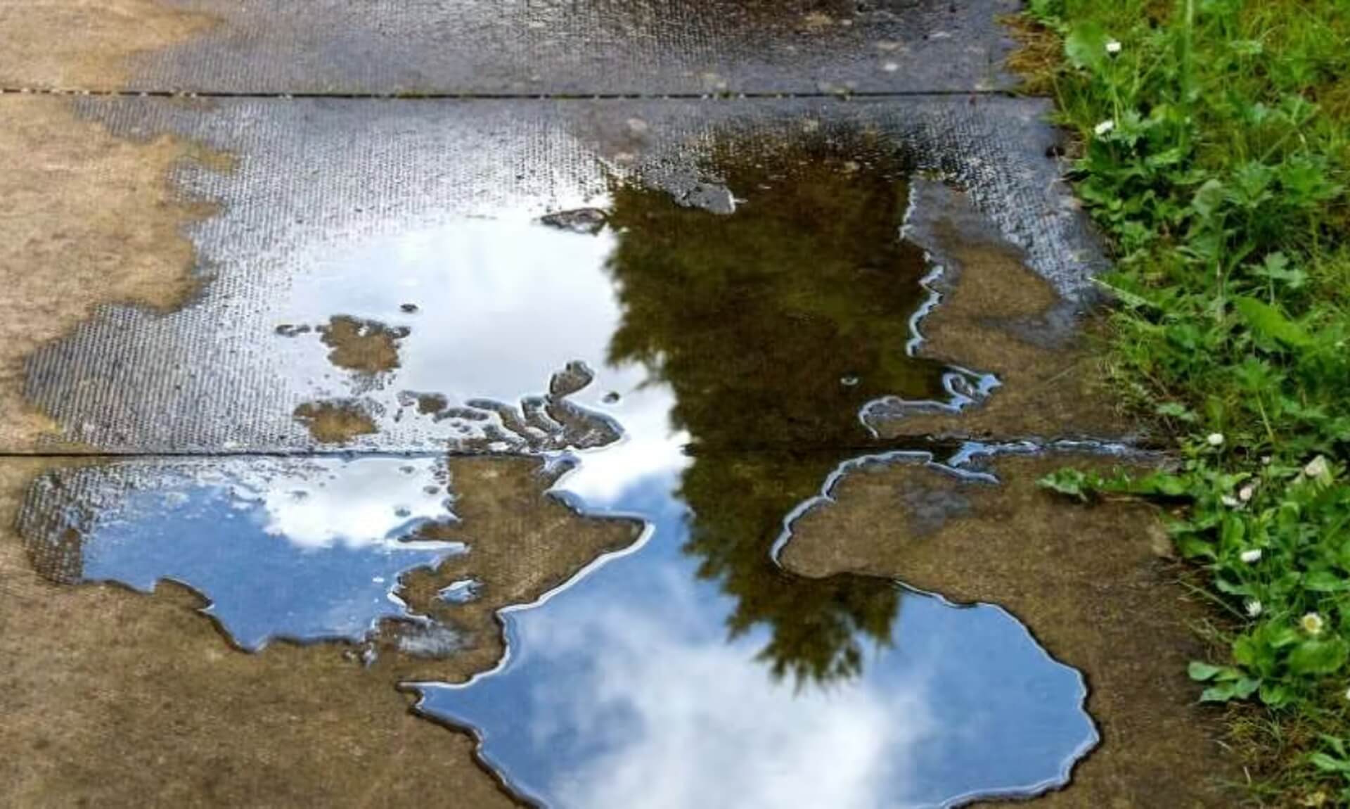 Standing water on a residential patio reflecting sky and trees