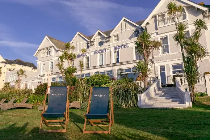 The Royal Duchy Hotel with deckchairs on the lawn, Falmouth