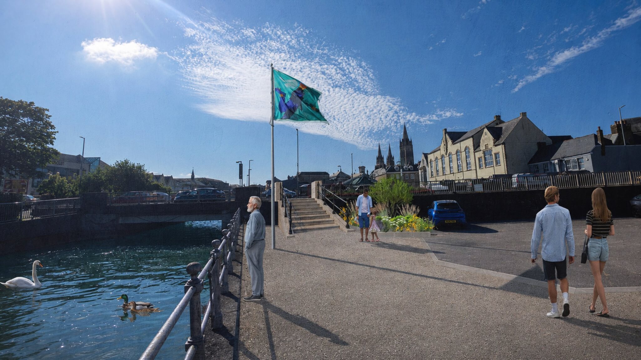 Visualisation of Town Quay in Truro with new public space beside the river
